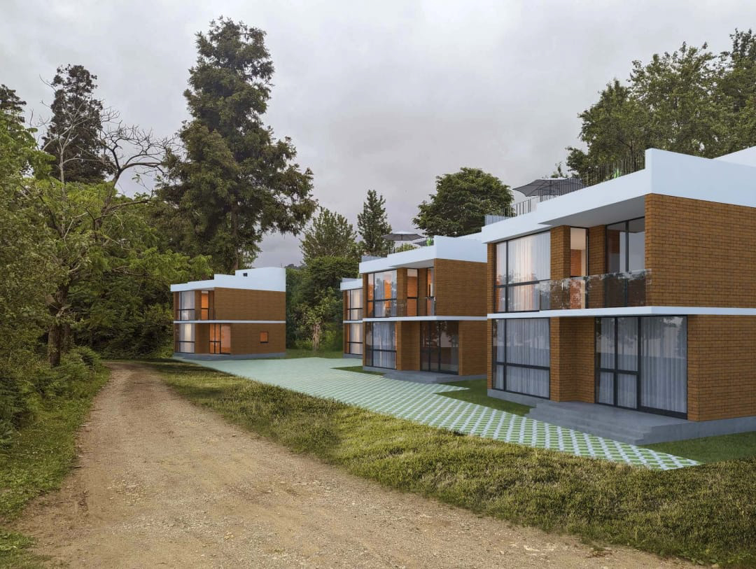 Wizualizacja zewnętrzna Mtirala Park Villas z panoramicznymi oknami i widokiem na góry