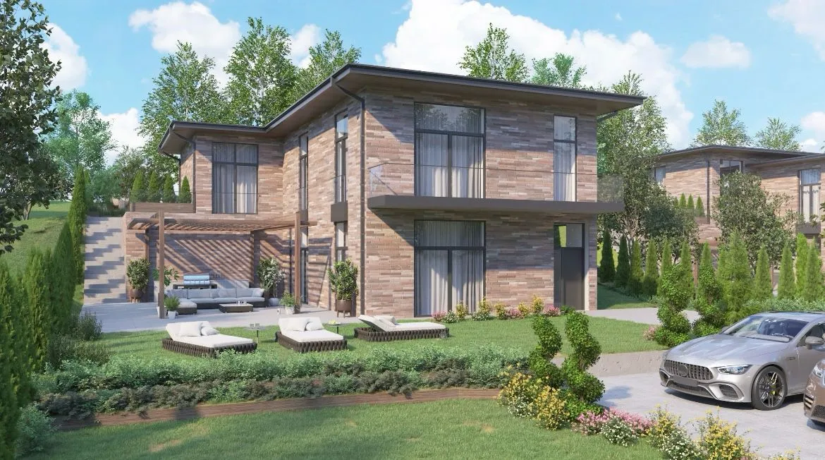 Ubani Kiketi - render domu od strony ogrodu z tarasami i panoramicznymi oknami