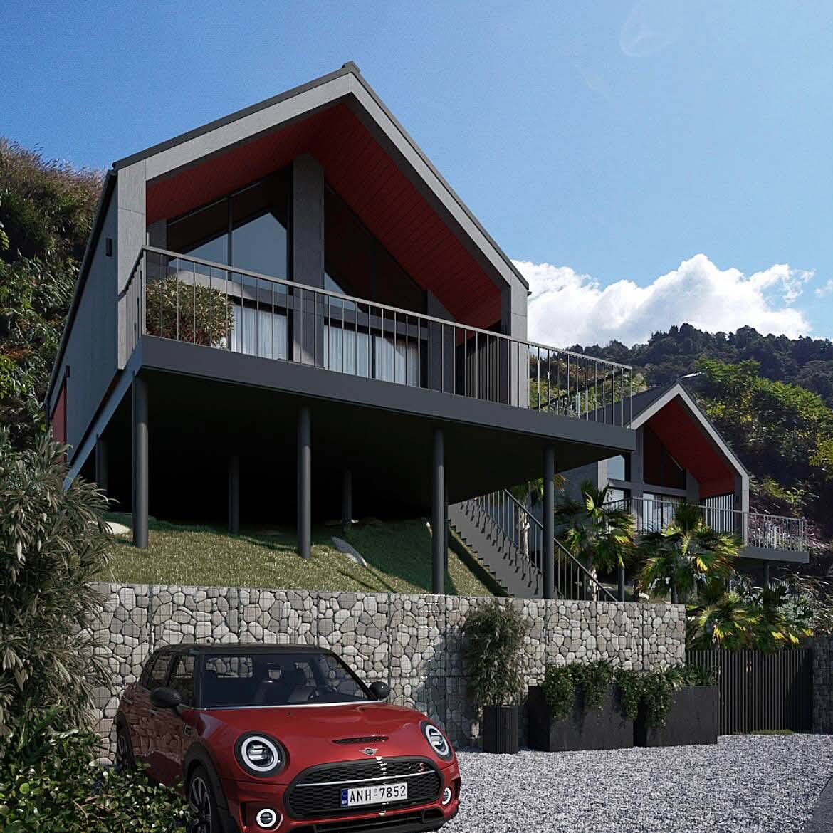 Dachi Chaisubani - widok domów od przodu z panoramicznymi oknami