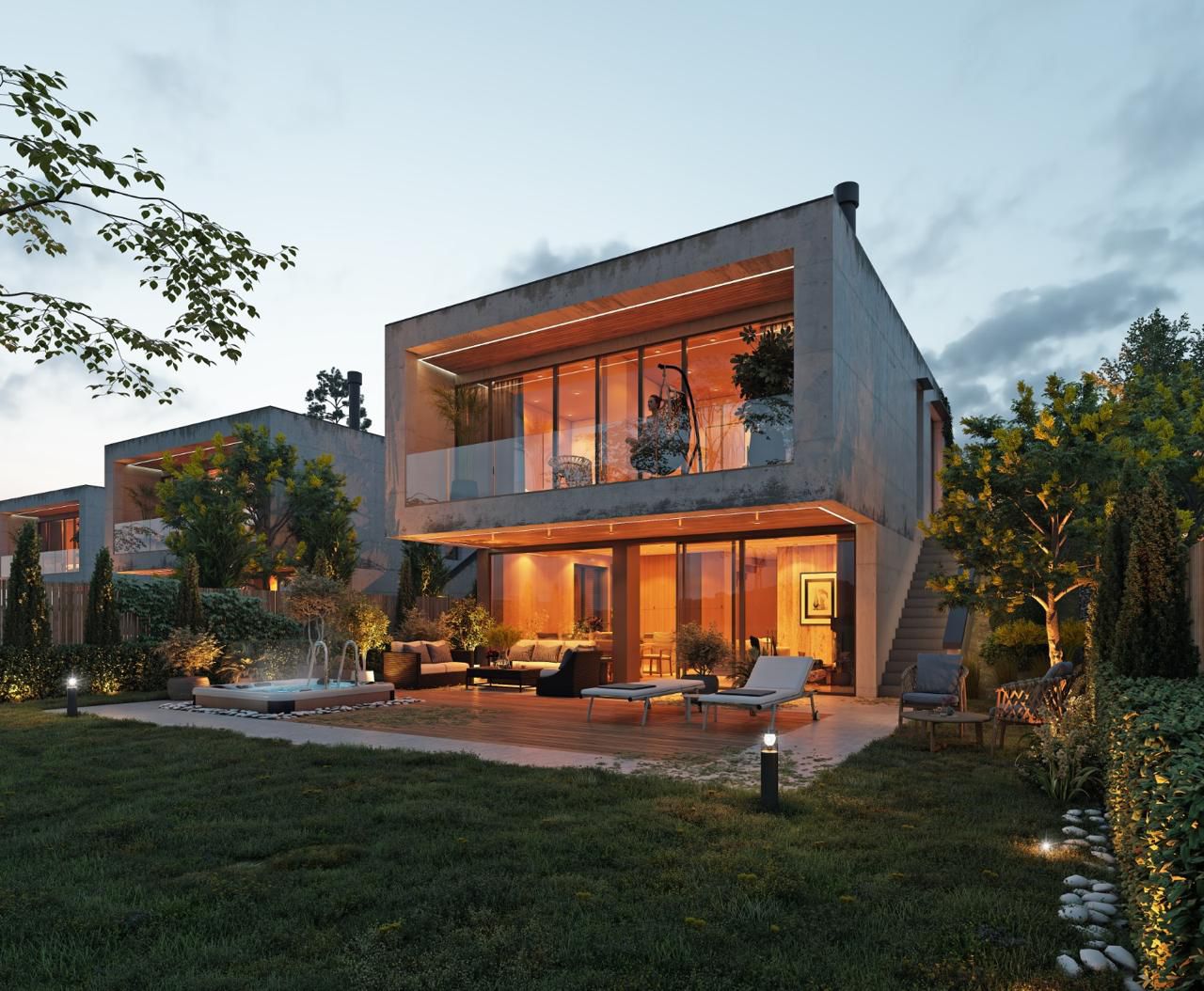 New Village Villas - nowoczesne wille oświetlone w nocy