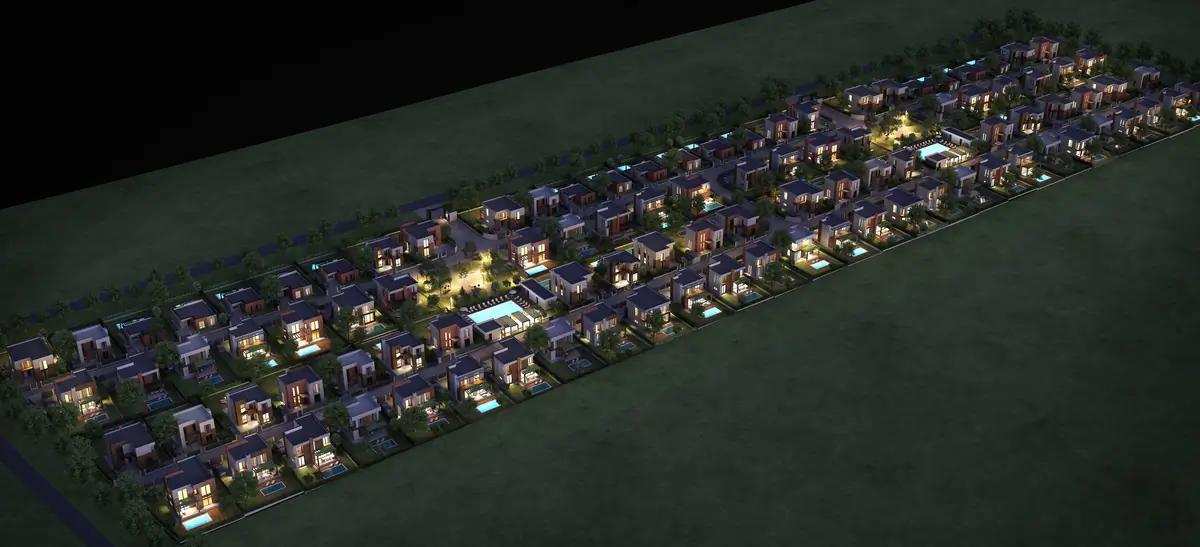 Villa Vista - kompleks nocą z podświetleniem